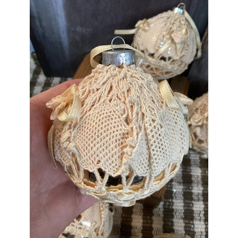Vintage Alderbrook Lace Covered Silver Glass Christmas Ball Ornaments Set Of 7